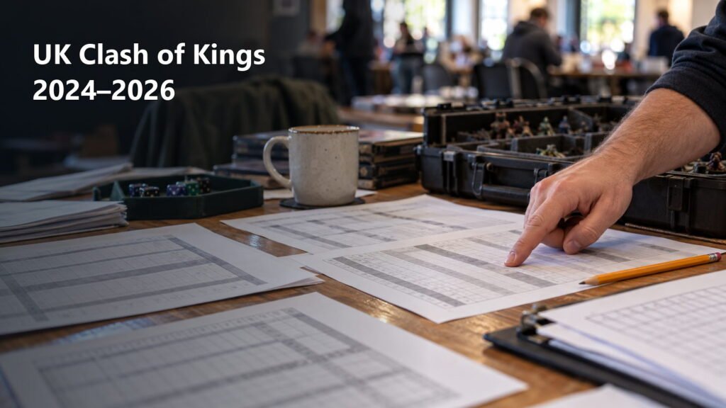 A tournament organizer compares printed score sheets at a venue desk beside dice and army cases.
